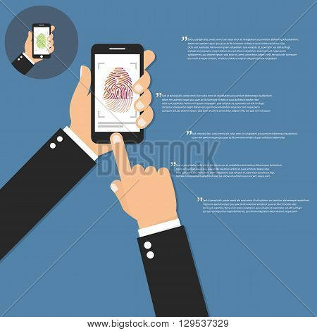 Hand holding smart phone and scanning fingerprint