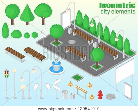 Isometric city elements set. Outdoor isolated objects. Vector illustration