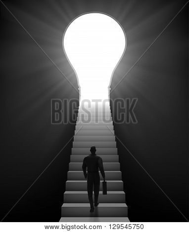 businessman climbing on ladder to open door in form lamp