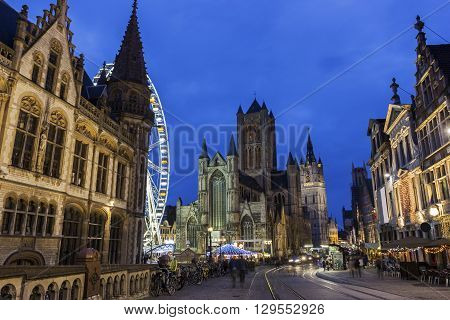 Historical centre of Ghent with old post office Saint-Nicholas Church and Belfry during Christmas