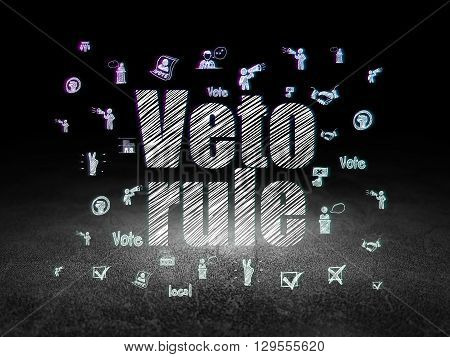 Politics concept: Glowing text Veto Rule,  Hand Drawn Politics Icons in grunge dark room with Dirty Floor, black background