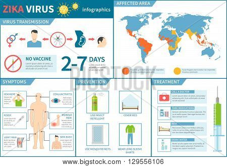 Zika Virus Infographic Set. Zika Flat Illustration. Zika Virus Vector. Zika Virus Information. Zika Virus Prevention. Zika Virus Treatment.