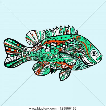 Fish. Hand-drawn fantasy fish with ethnic doodle pattern. Coloring page - zendala for relaxation and meditation for adults vector illustration isolated on a white background. Zen doodle.