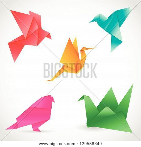 A set of 5 colorful birds made of paper in origami technique. Vector Image.