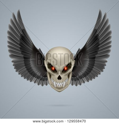 Evil looking mutant skull with long fangs and black wings