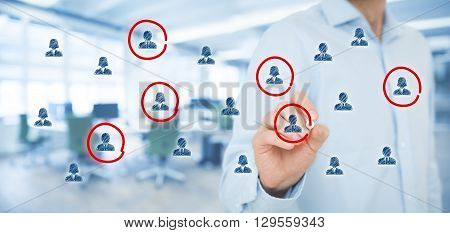 Marketing segmentation target audience customers care customer relationship management (CRM) human resources customer analysis and focus group concepts. Wide banner composition office in background.