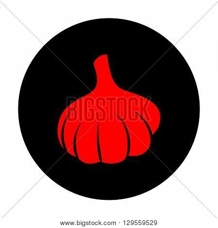 Garlic simple icon. Red vector icon on black flat circle.
