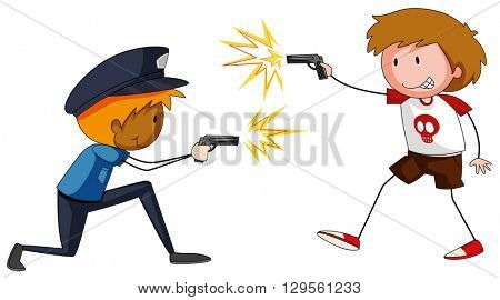 Boy and policeman shooting firegun illustration
