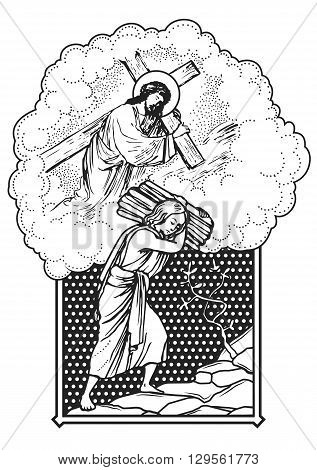 jesus christ carrying a cross vintage vector illustration