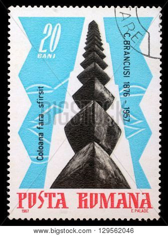 ZAGREB, CROATIA - JULY 19: stamp printed by Romania, shows The Infinite Column, by Brancusi, circa 1967, on July 19, 2012, Zagreb, Croatia