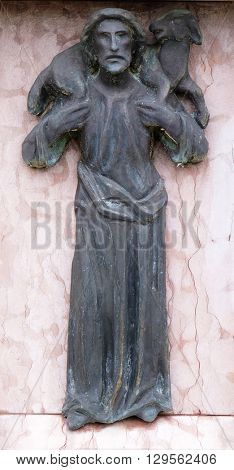 URSBERG, GERMANY - JUNE 09: Jesus the god shepherd, cemetery in Ursberg, Germany on June 09, 2015