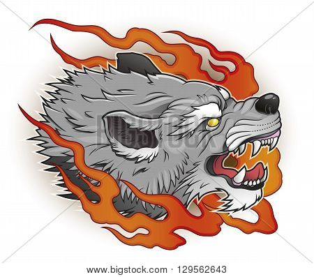 grey angry wolf head in flames vector illustration