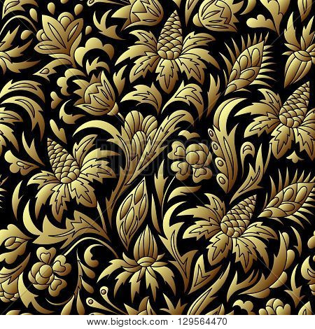 Vector gold seamless pattern, floral texture. Original floral pattern on black background. Trendy gold texture.Vector gold seamless pattern, floral texture with flowers and plants.
