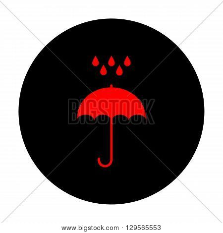 Umbrella with water drops. Rain protection symbol. Flat design style. Red vector icon on black flat circle.