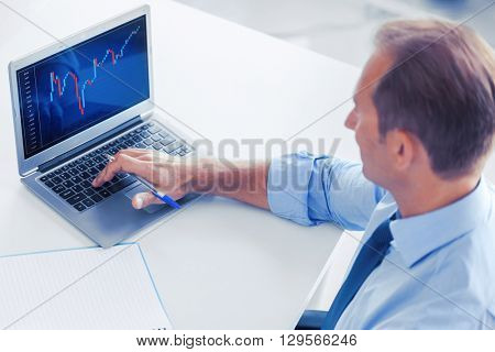 business, office and money concept - smiling businessman working with forex chart in office