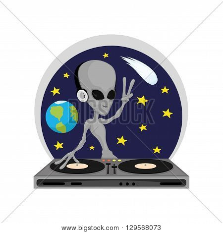 Cartoon illustration of alien disc-jockey on a cosmic background.