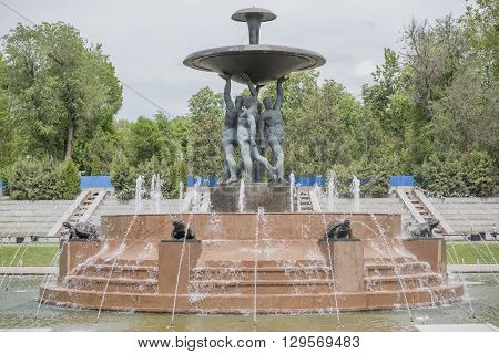 ROSTOV-ON-DON RUSSIA- MAY 11- Theater Square with a fountain in the center.Sculptor E.Vucetich on May 112015 in Rostov-on-Don