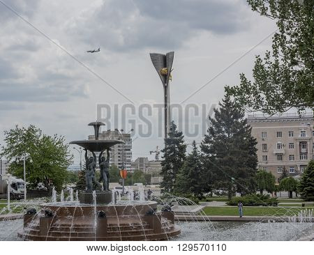 ROSTOV-ON-DON RUSSIA- MAY 11- Theater Square with a fountain in the center.Sculptor E.Vucetich on May 112015 in Rostov-on-Don