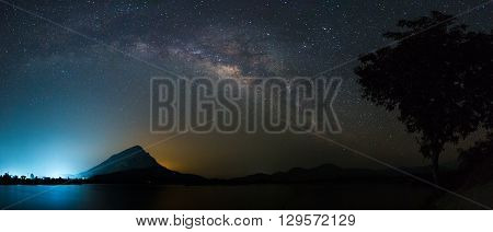 panoramic galaxy above reservoir that city behide