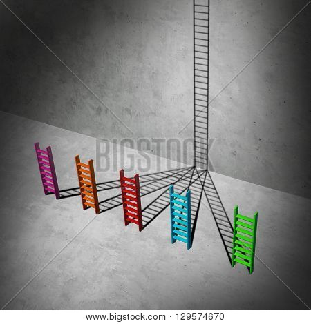 Unification success business concept as a group of short diverse ladders creating shadows that combine together to form a high ladder to success as a 3D illustration.