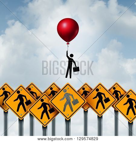 Success business and successful businessperson metaphoric corporate concept as a group of signs with businesspeople and an individual person breaking free with the support of a balloon with 3D illustration elements.
