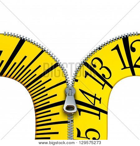 Measuring tape open zipper concept as a tailor or tailoring symbol and diet or dieting measure icon isolated on a white background as a 3D illustration.