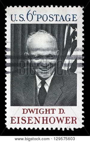 ZAGREB, CROATIA - JULY 03 : A stamp printed in USA shows Dwight D. Eisenhower, 34rd President (1890-1969), circa 1969, on July 03, 2012, Zagreb, Croatia