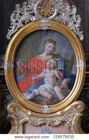 URSBERG, GERMANY - JUNE 09: Virgin Mary with baby Jesus, altarpiece in the monastery church of St. John in Ursberg, Germany on June 09, 2015.
