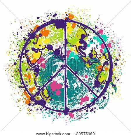 Hippie peace symbol on earth globe background with splashes in watercolor style. Design concept for banner, card, scrap booking, t-shirt, bag, print, poster. Retro hand drawn vector illustration