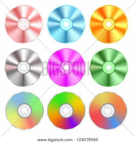 Set of Realistic Colorful Compact Discs Isolated on White Background