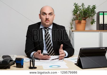 Consultant discusses a business plan. He gesticulates wildly
