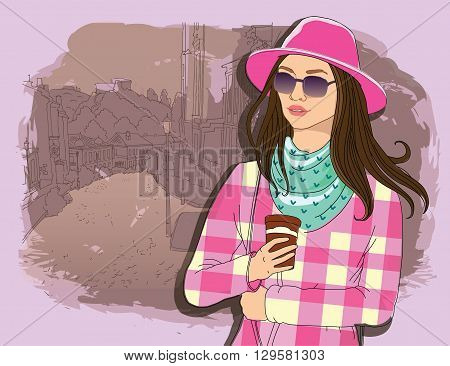 Pretty fashion girl in hat with coffee, sketch style on a street town background. Vector illustrator. hand draw, hipster design, Kiev, line,