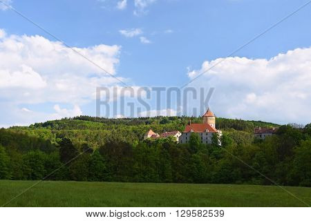 Beautiful Gothic castle Veveri. The city of Brno at the Brno dam. South Moravia - Czech Republic - Central Europe.