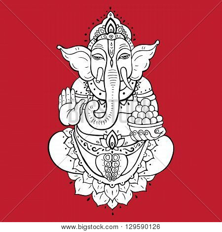 Hindu God Ganesha. Golden Ganapati. Vector hand drawn illustration. Meditation in lotus pose