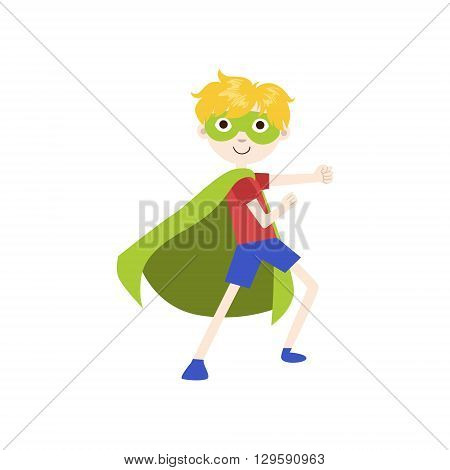 Boy In Superhero Costume With Green Cape Funny And Adorable Flat Isolated Vector Design Illustration On White Background
