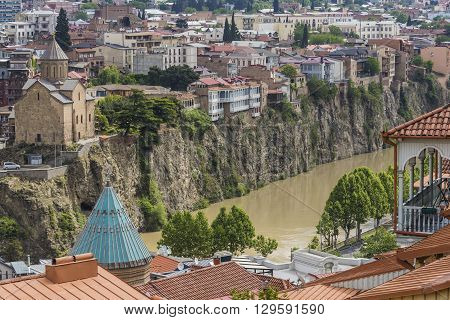 Tbilisi, Georgia - May 07, 2016: Metekhi Church Above The Kura River In Tbilisi, Georgia.