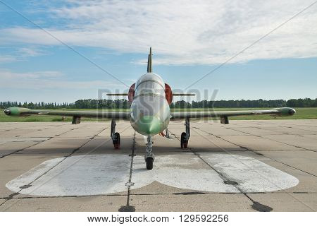 Vasilkov Ukraine - June 19 2010: Aero L-39 Albatros military training plane preparing for a flight - front view