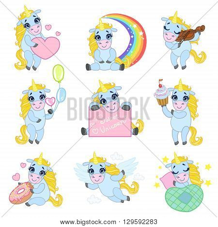 Cute Unicorn Cartoon Set Of Outlined Illustrations In Cute Girly Cartoon Style Isolated On White Background