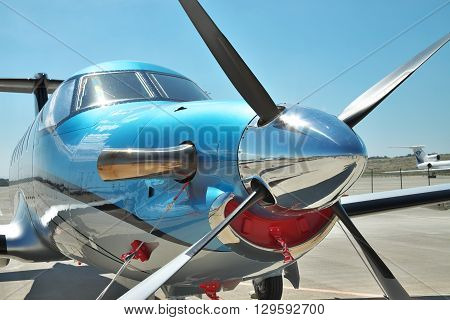 Gelendzhik Russia - September 10 2010: Pilatus PC-12 light turboprop passenger plane on the apron in the airport - front view