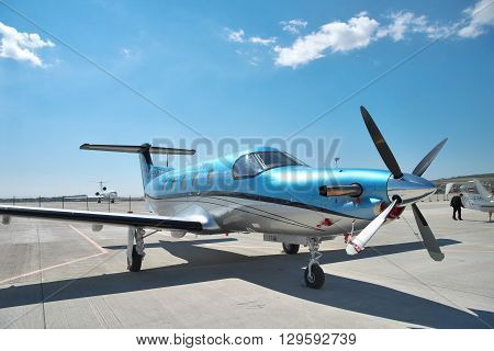 Gelendzhik Russia - September 10 2010: Pilatus PC-12 light turboprop passenger plane standing parked on the apron in the airport