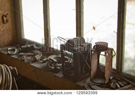 inside of a heritage tool shed close up