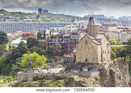 Tbilisi, Georgia - May 07, 2016: Metekhi Church Above The Kura River In Tbilisi, Georgia.