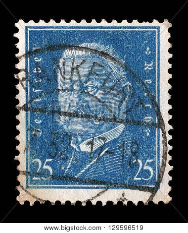 ZAGREB, CROATIA - JUNE 24: A stamp printed in the German Reich shows Paul von Hindenburg (1847-1934), 2nd President of the German Reich, circa 1928, on June 24, 2014, Zagreb, Croatia