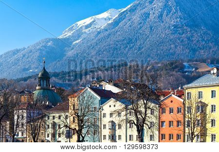 Austria Tyrol Innsbruck the Mariahilf strasse colored houses on the Inn river