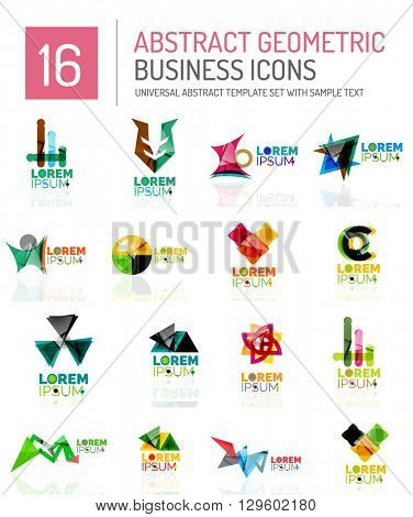 Abstract geometric business logo icon set. Colorful geometrical figure compositions with light effects - triangles circles rings arrows lines
