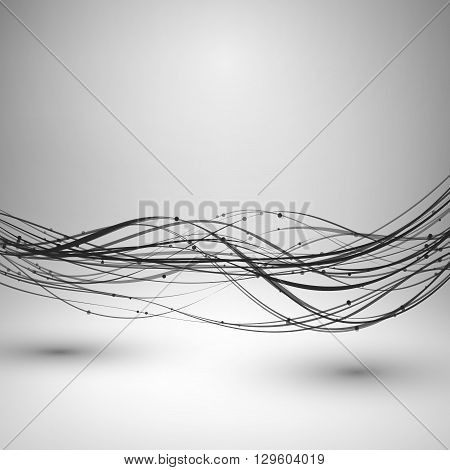Abstract grayscale wave spin curves. Motion element with connected line and dots. Technology concept background. Wavy horizontal direction lines twisted together. Vector illustration.
