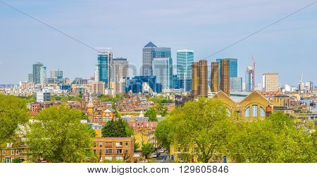 View of Canary Wharf from Greenwich hill of London England UK