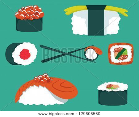 Sushi set. Sushi roll sticks. Japanese food. Cartoon set isolated on a white background - vector illustration.