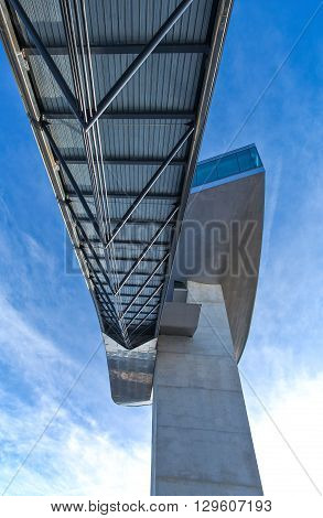 Innsbruck Austria - February 8 2010: Upward view of the tower of the Bergisel skijamping stadium
