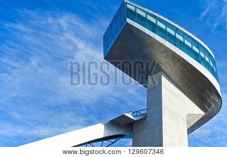 Innsbruck Austria - February 8 2010: Upward view of the tower of the Bergisel skijamping stadium